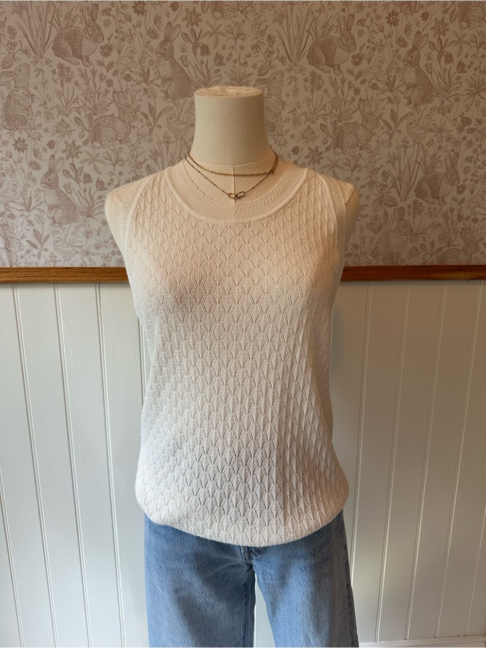 Vintage Ivory Pointelle Knit Sleeveless Top – Approx. Medium / Oversized Small - Picture 2 of 8